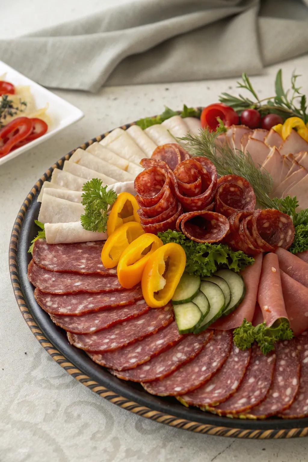 A delightful charcuterie spread with rolled meats for a touch of elegance.