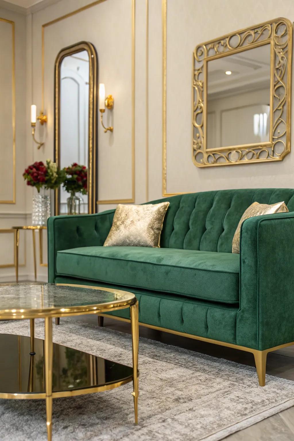 A luxurious living room with a green velvet couch and gold accents.