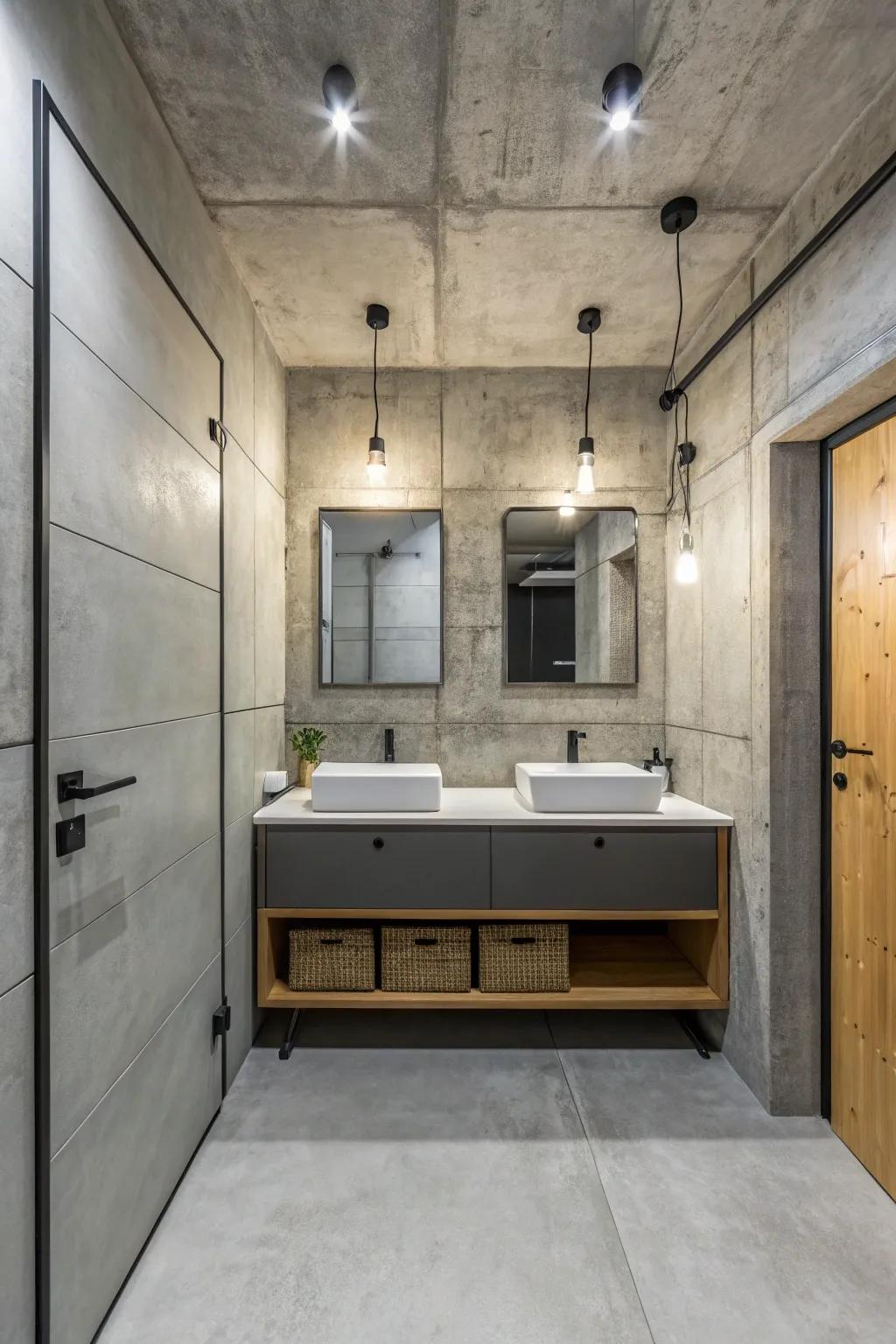 Concrete grey creates an industrial chic aesthetic in this minimalist bathroom.