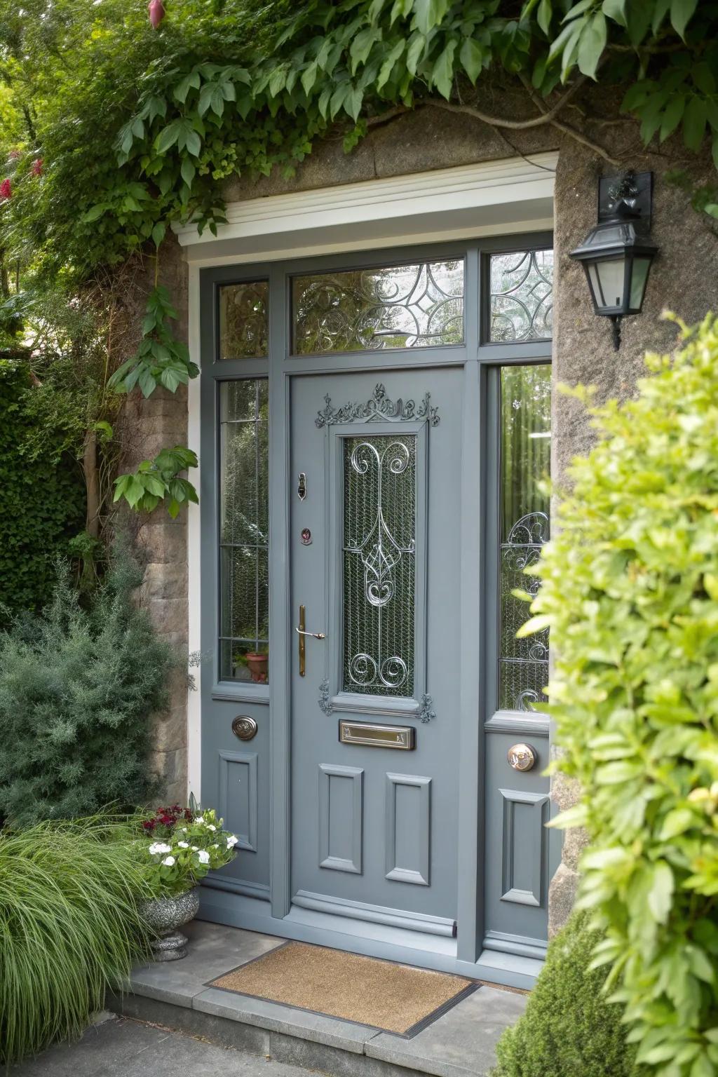 Sidelights frame this grey composite door, enhancing its visual impact.