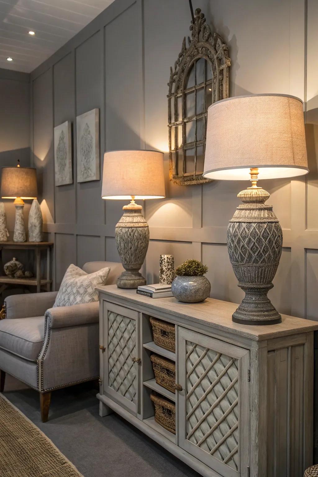 Layered lighting brings warmth to this grey-themed room.