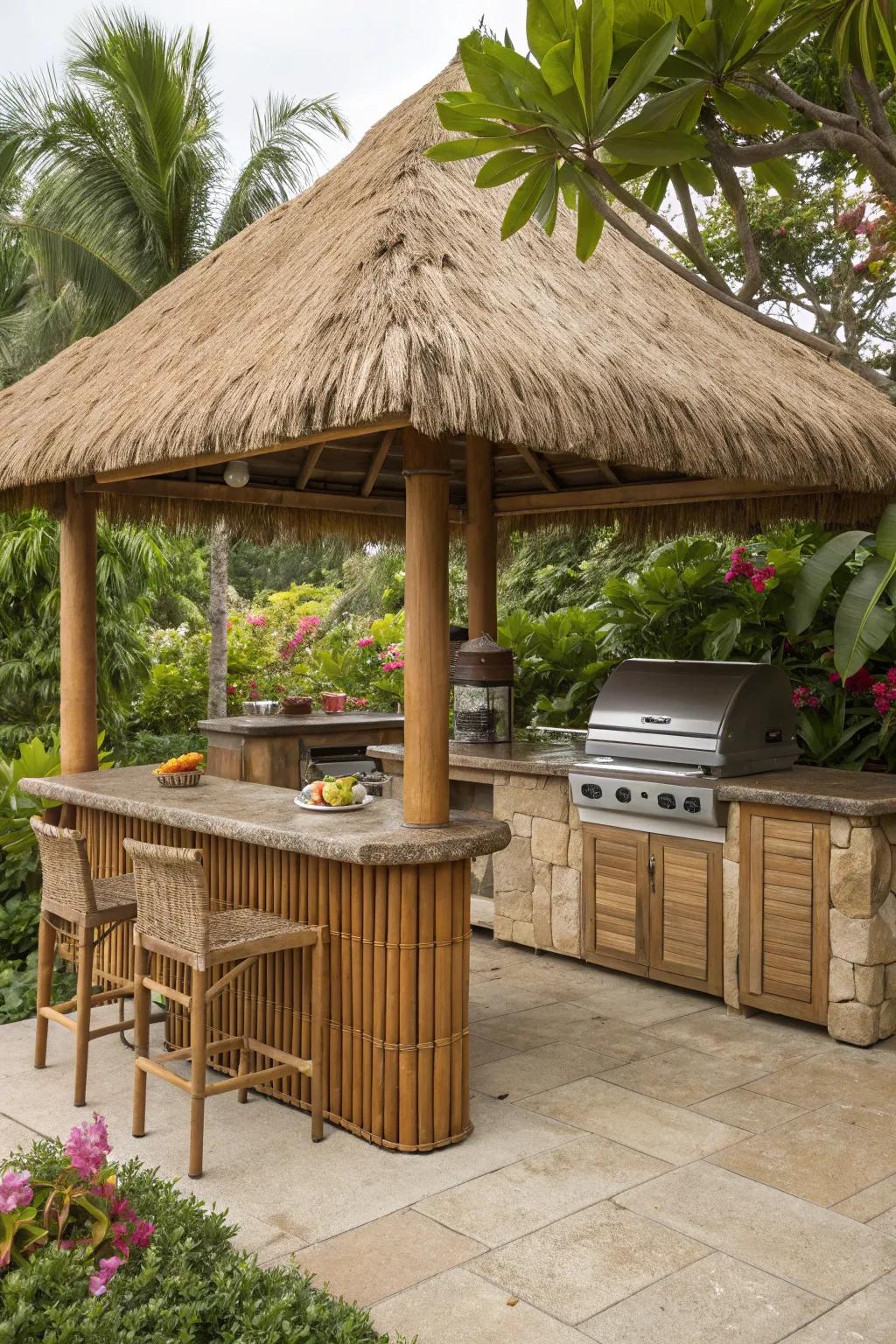 Create a tropical retreat with a Tiki hut-inspired pavilion.