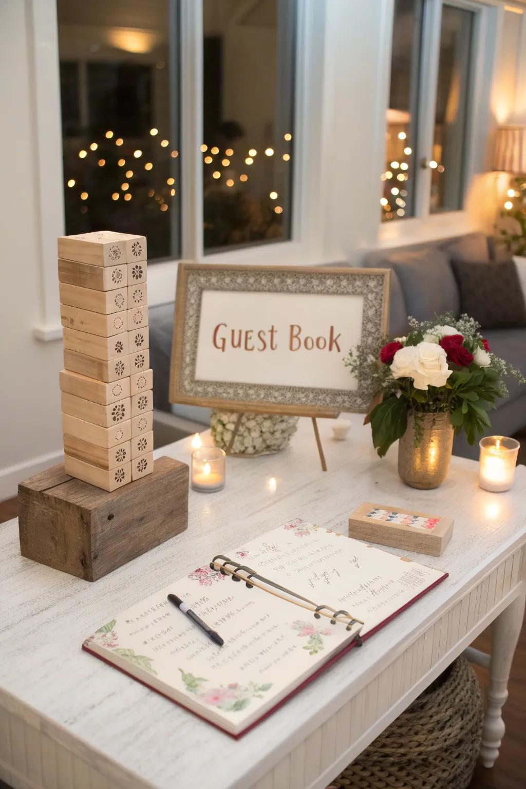 Jenga blocks as a unique guest book alternative.