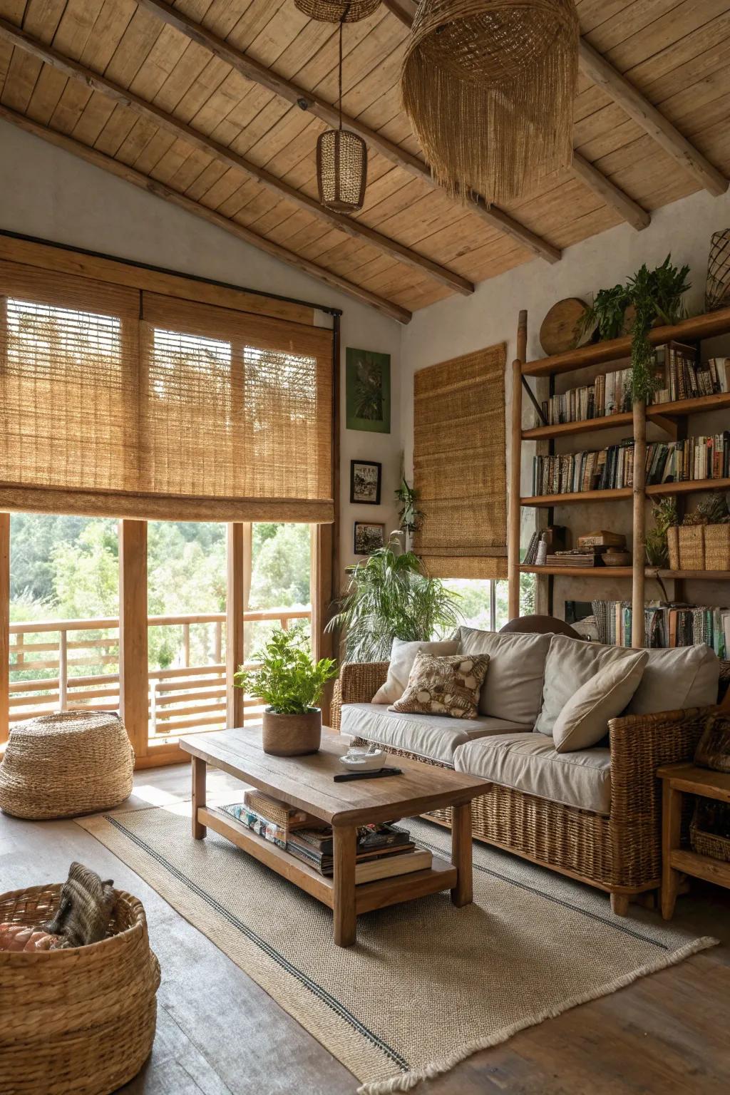 Rustic living room featuring bamboo half blinds.