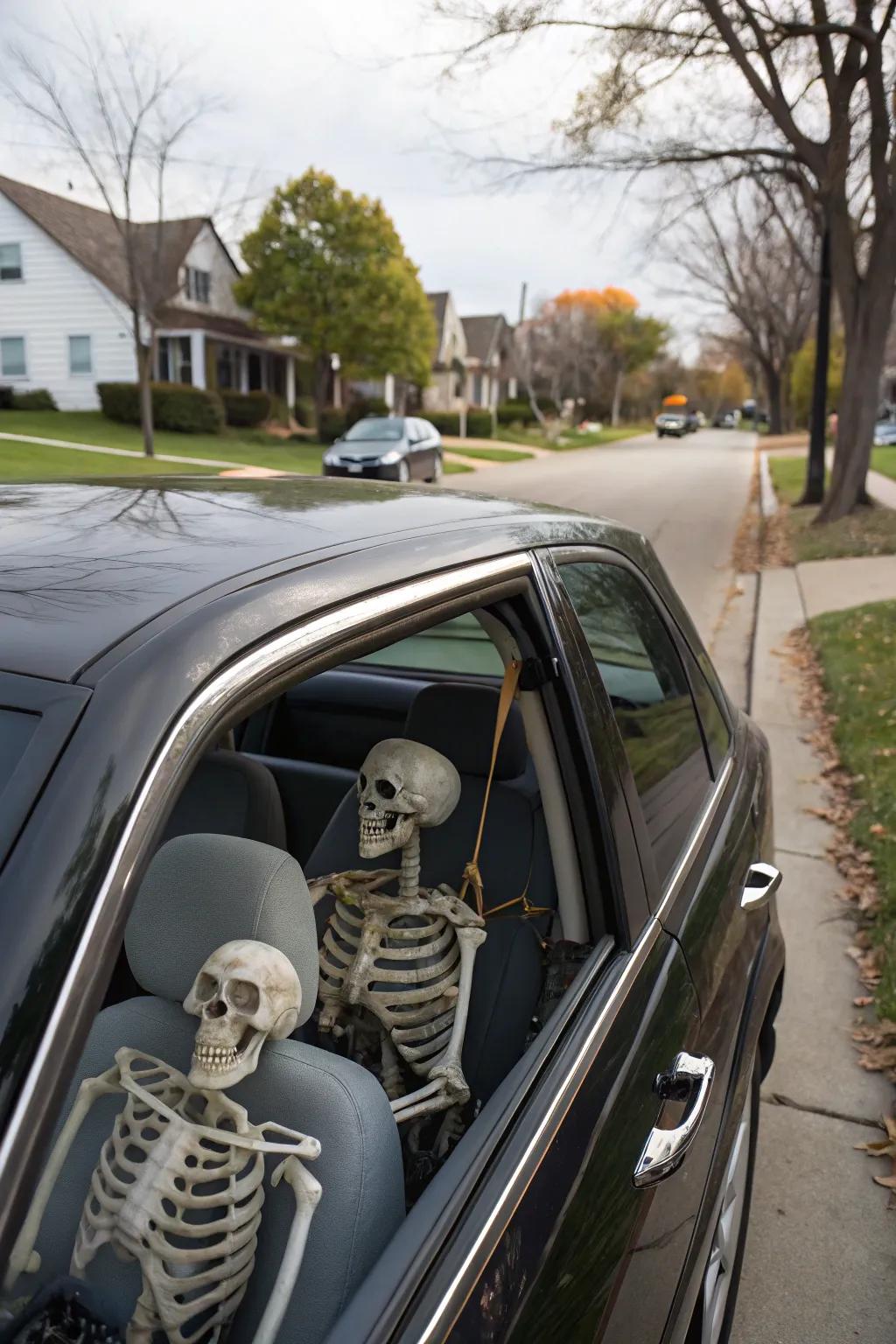 Skeletons make for spooky and amusing passengers.