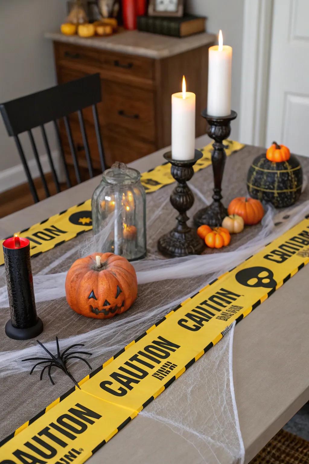 A spooky table setup using caution tape as a runner.