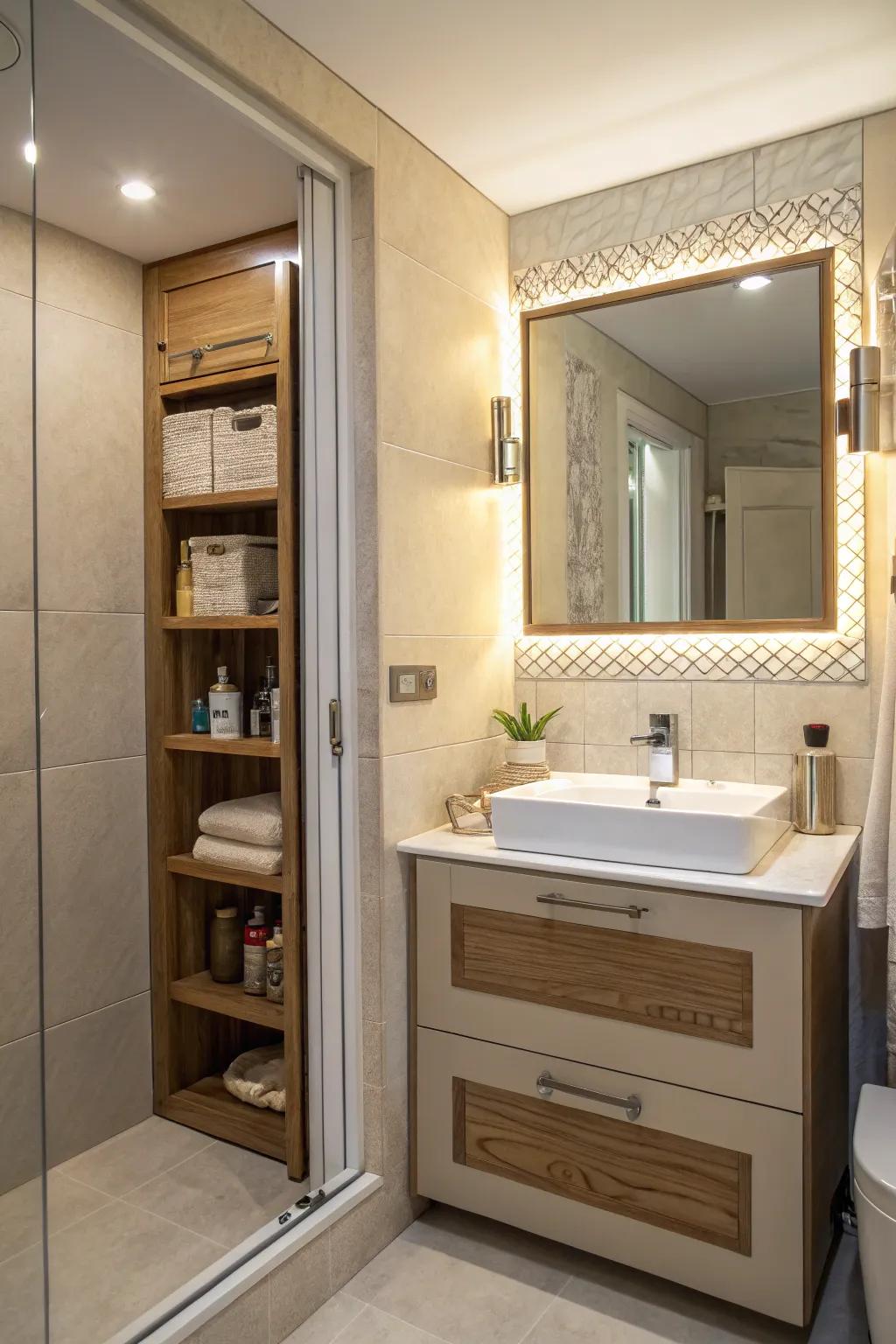 A side mirror providing hidden storage space in a bathroom.