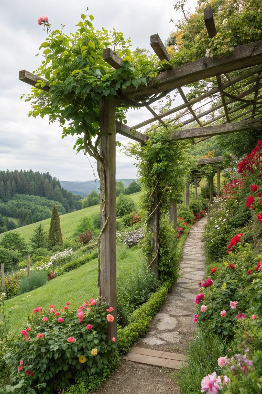 Vertical elements like trellises add height and interest to a hillside garden.