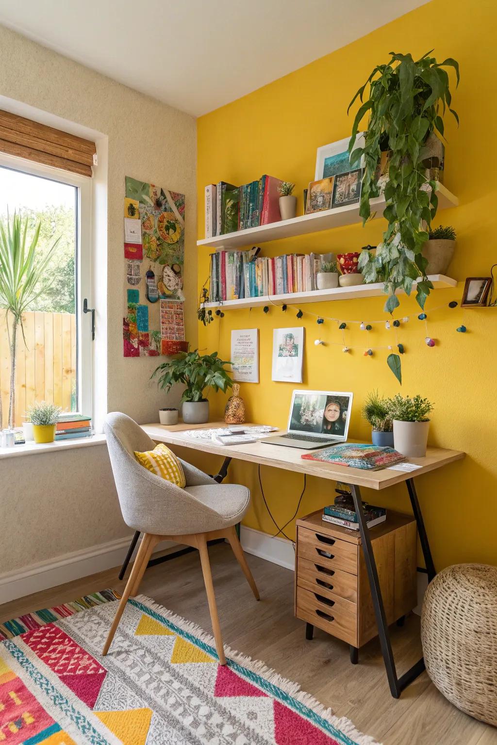 A splash of yellow energizes this creative home office.