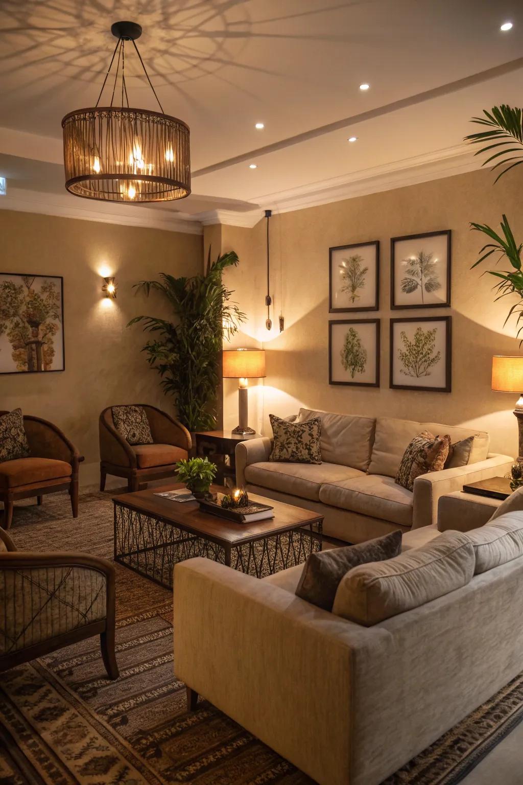 Design a living room that invites warmth and relaxation.