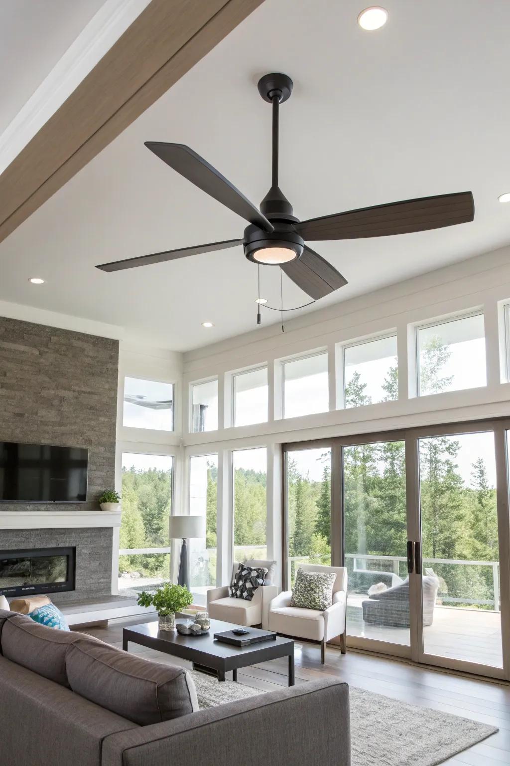 An energy-efficient ceiling fan adding style and comfort to a living room.