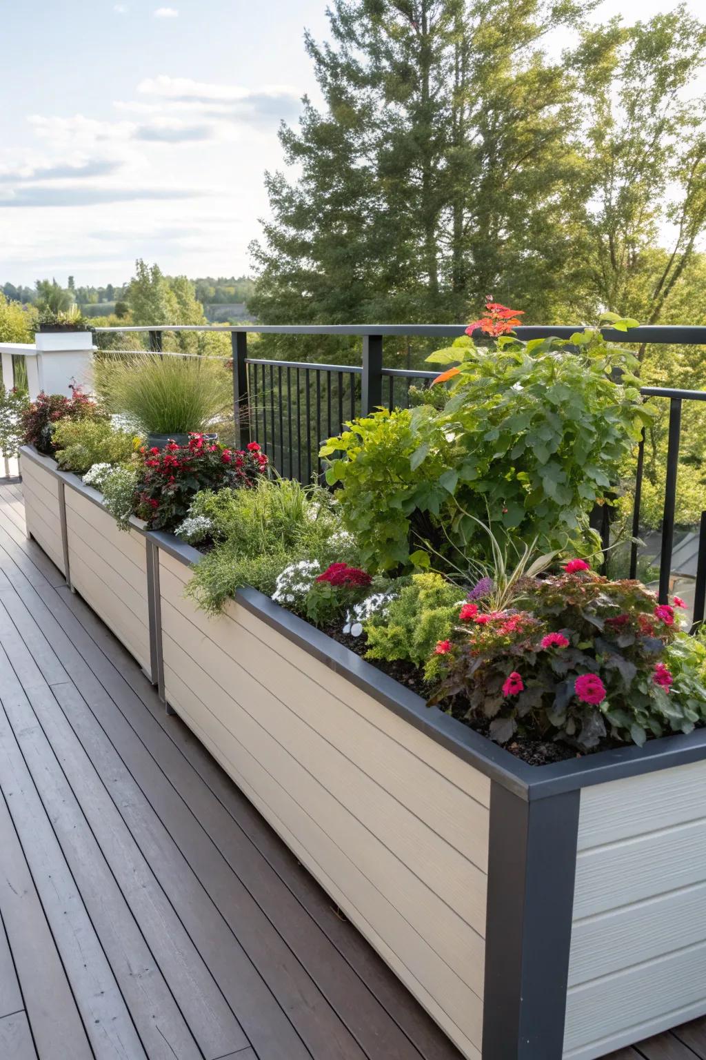 Planter boxes integrated into skirting enhance the natural feel.