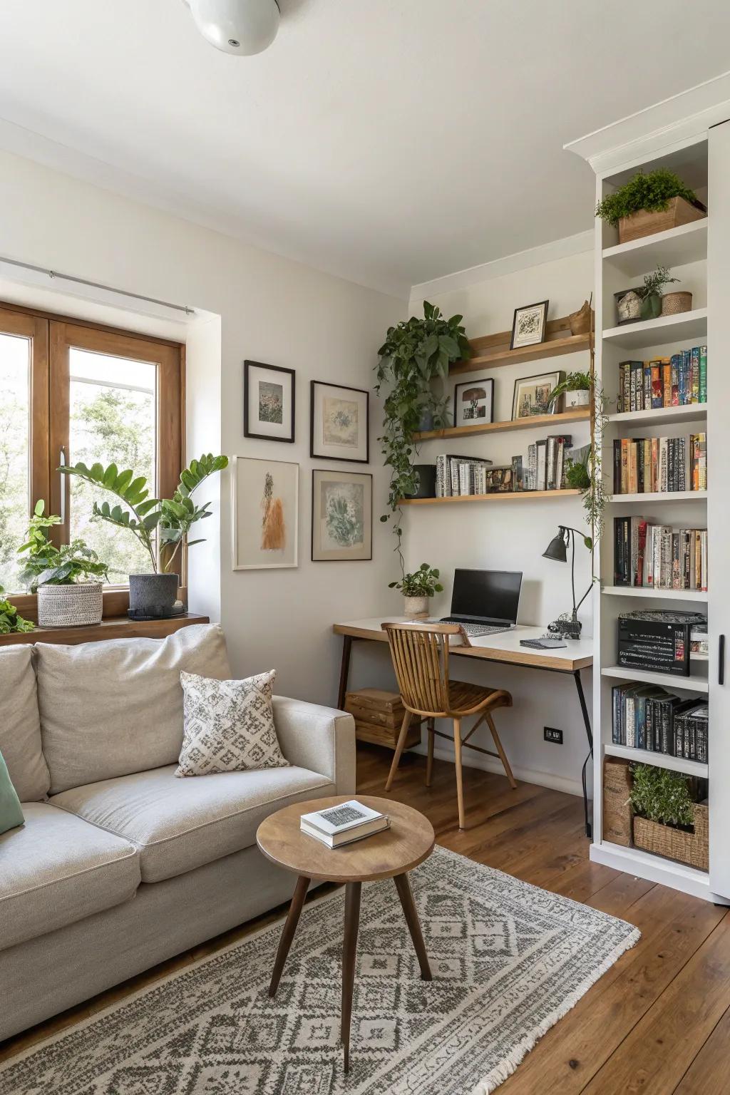 A smart multi-use space incorporating a home office nook.