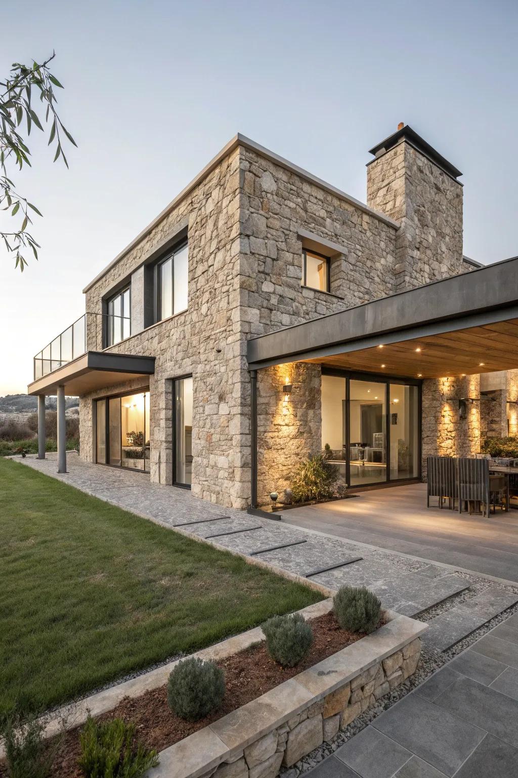 A modern home with rustic stone touches.