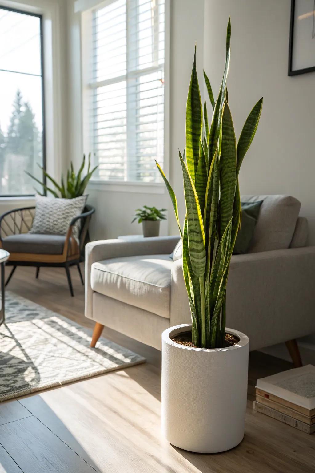 A striking Snake Plant adds height and drama to the room.