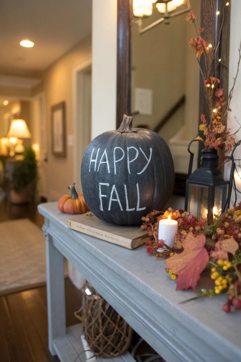 A chalkboard pumpkin perfect for adding personalized messages to your home.