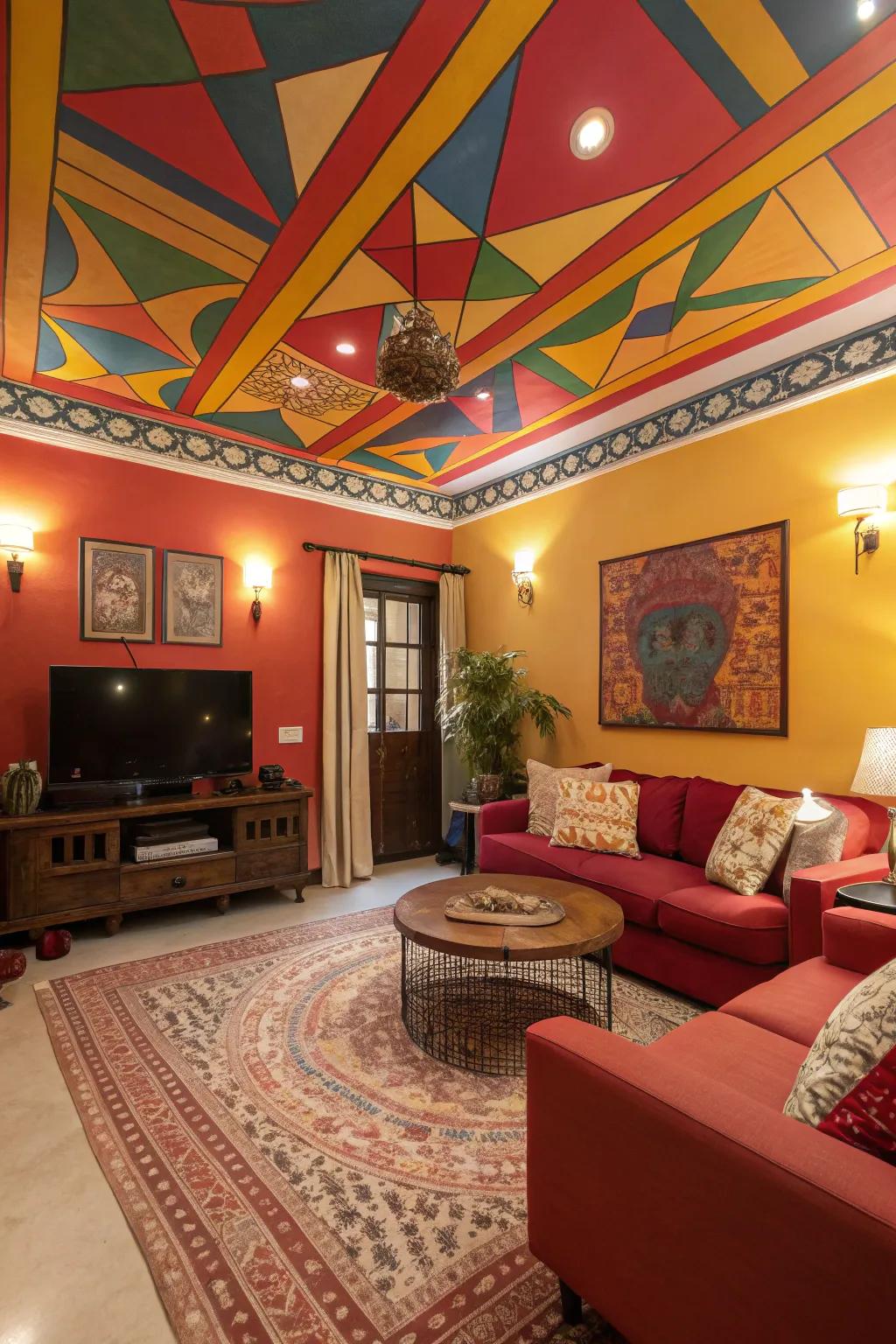 A vibrant living room with a bold, colorfully painted ceiling.