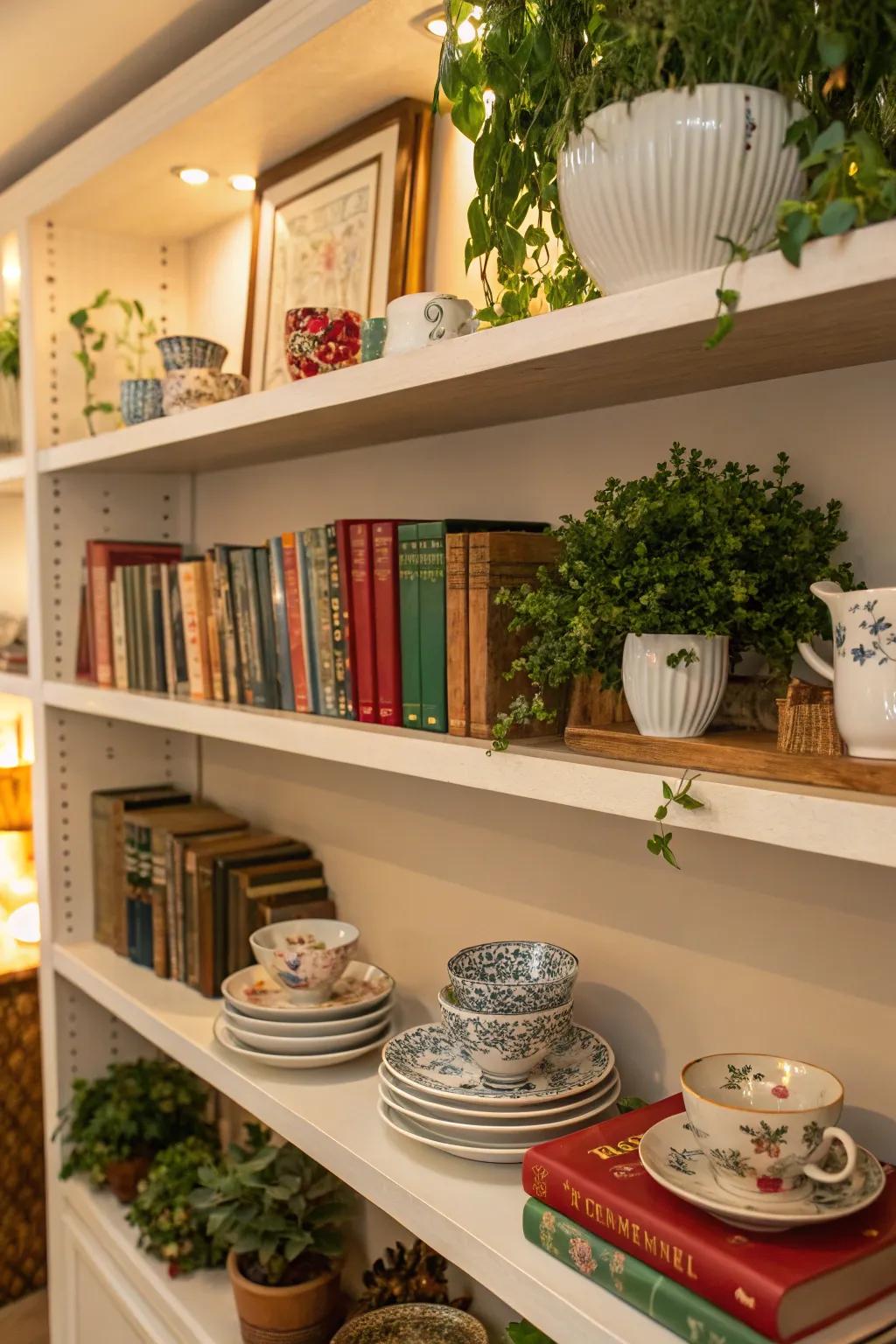 An eclectic mix of china, books, and plants on open shelves for a vibrant display.