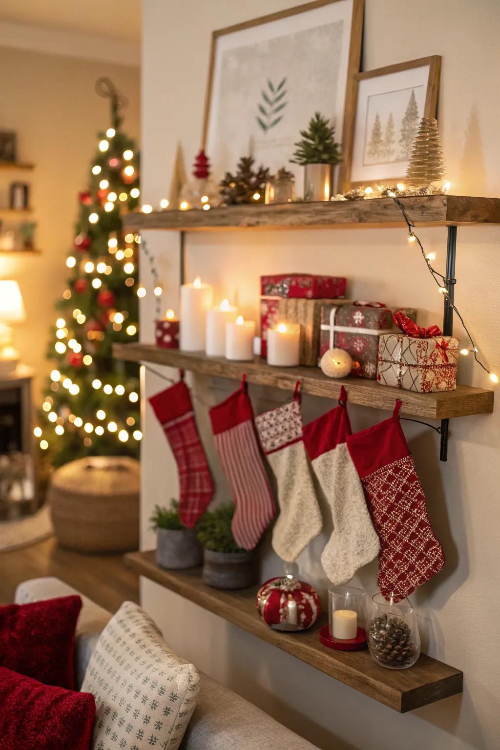 Floating shelves can be transformed into a festive stocking display.