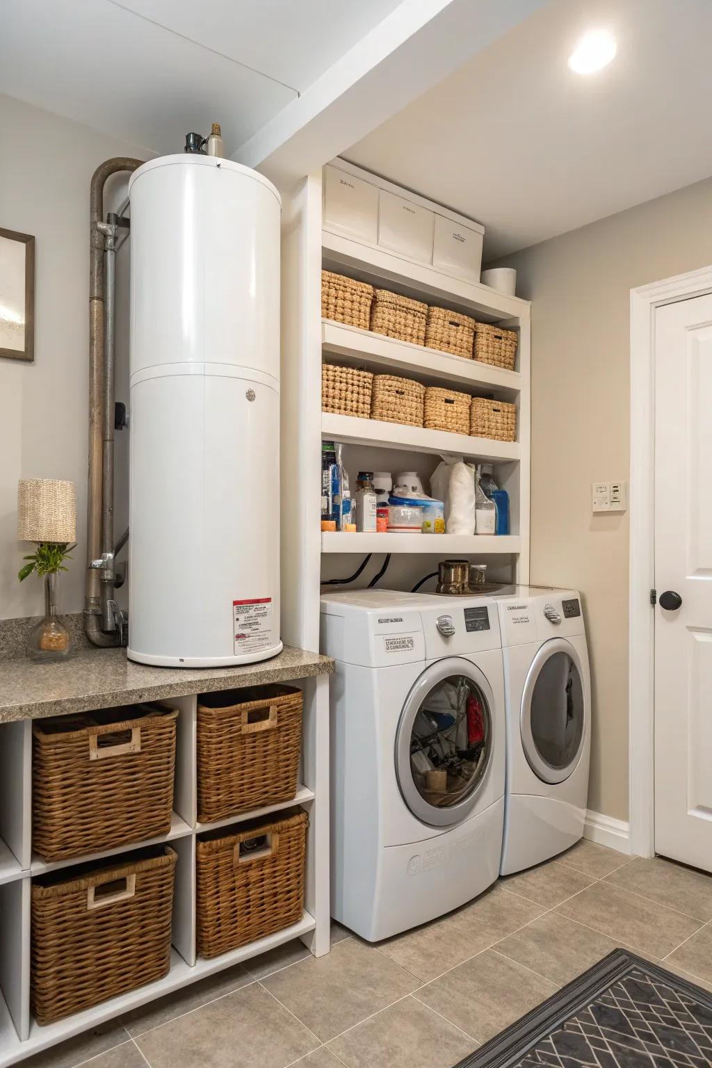 Shelving units can hide your water heater while adding storage.
