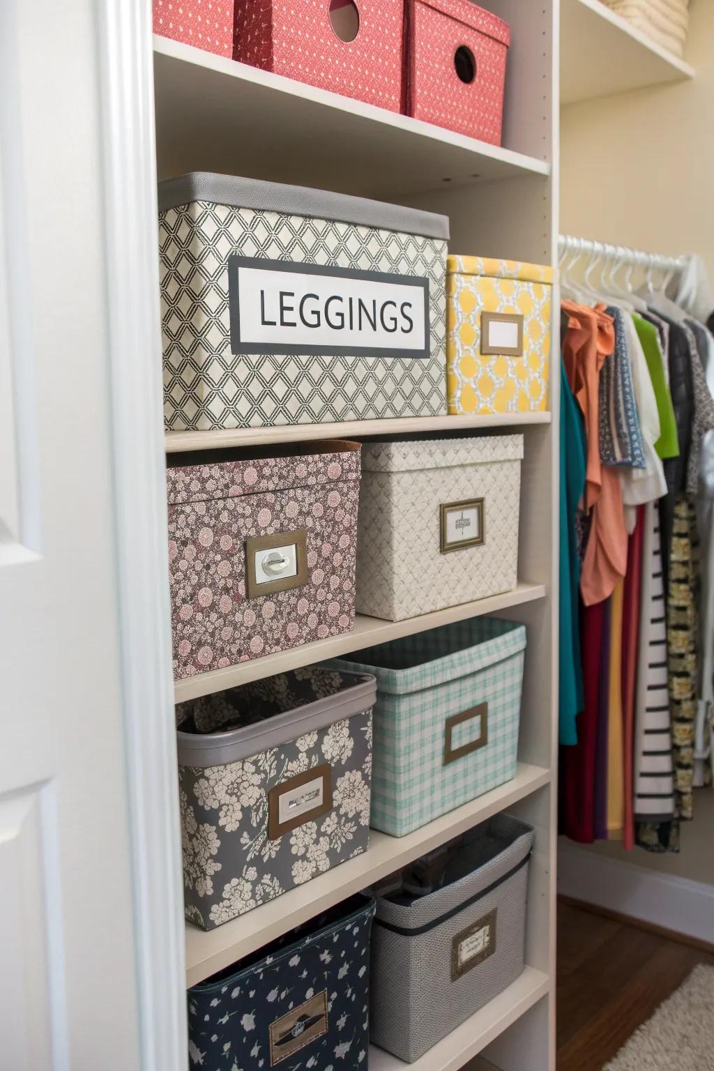 Use bins and boxes to categorize and store leggings stylishly.