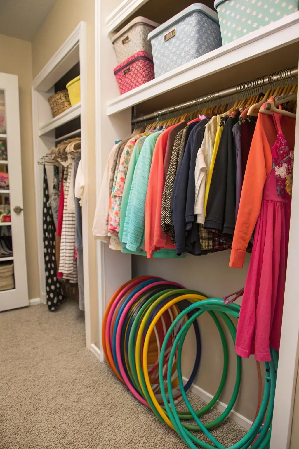 Hula hoops cleverly stored in a closet, maximizing space and organization.