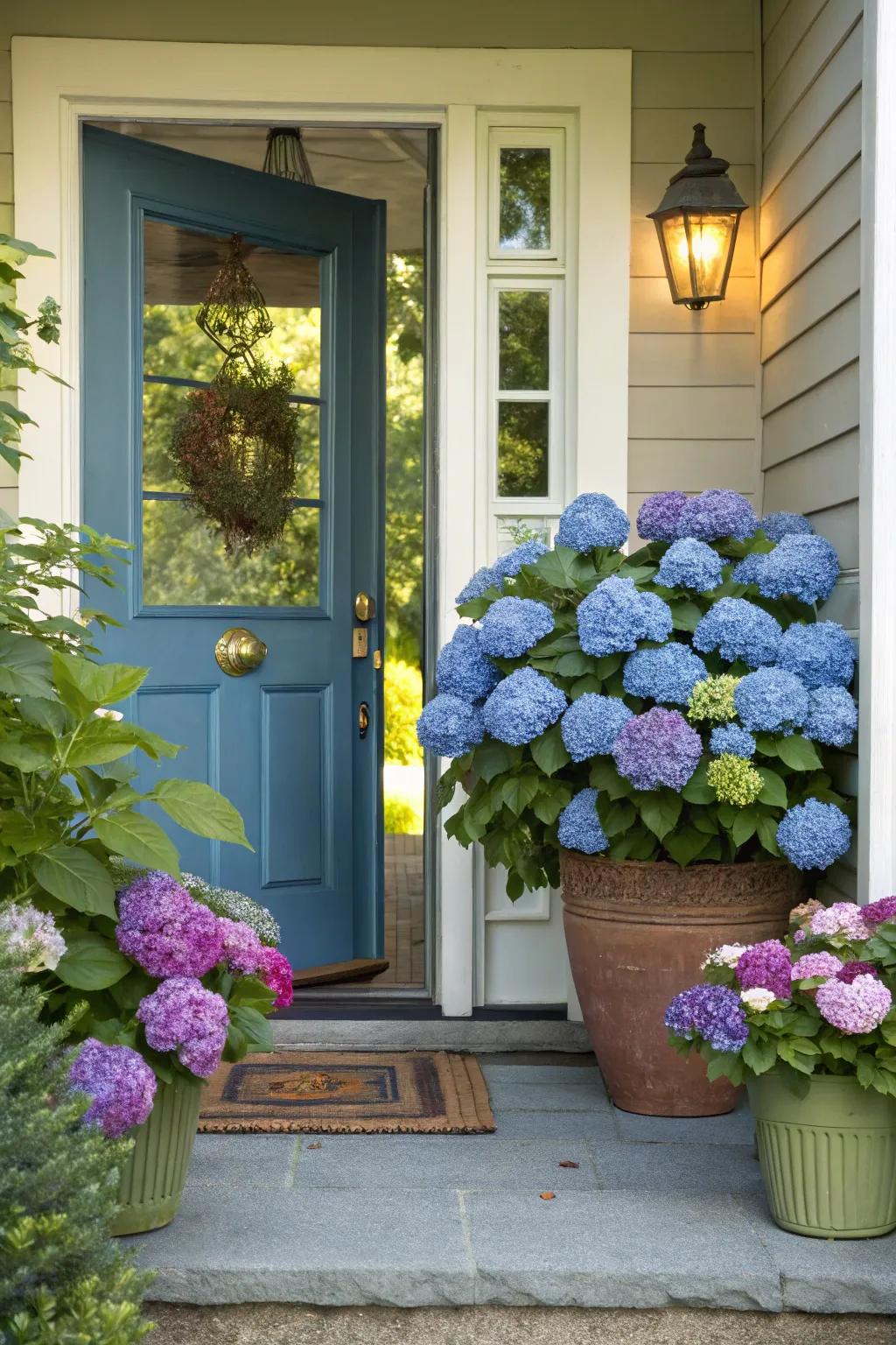 Potted hydrangeas flanking a front door, creating a welcoming entrance.