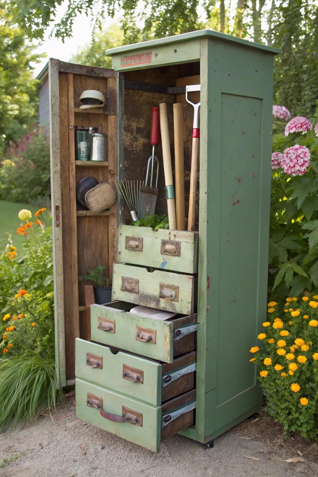 Old furniture finds new life as practical garden tool storage.