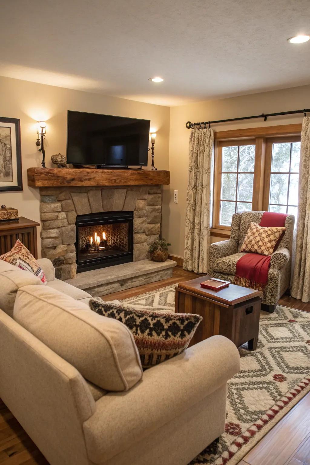 A cozy living room with a fireplace and TV combo, perfect for movie nights.