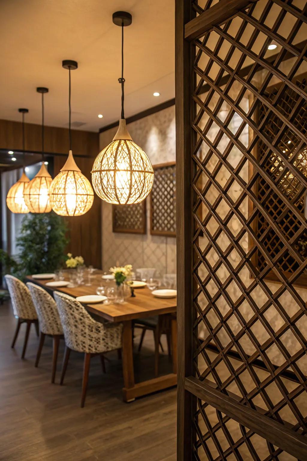 Unique lighting design with lattice wall integration.