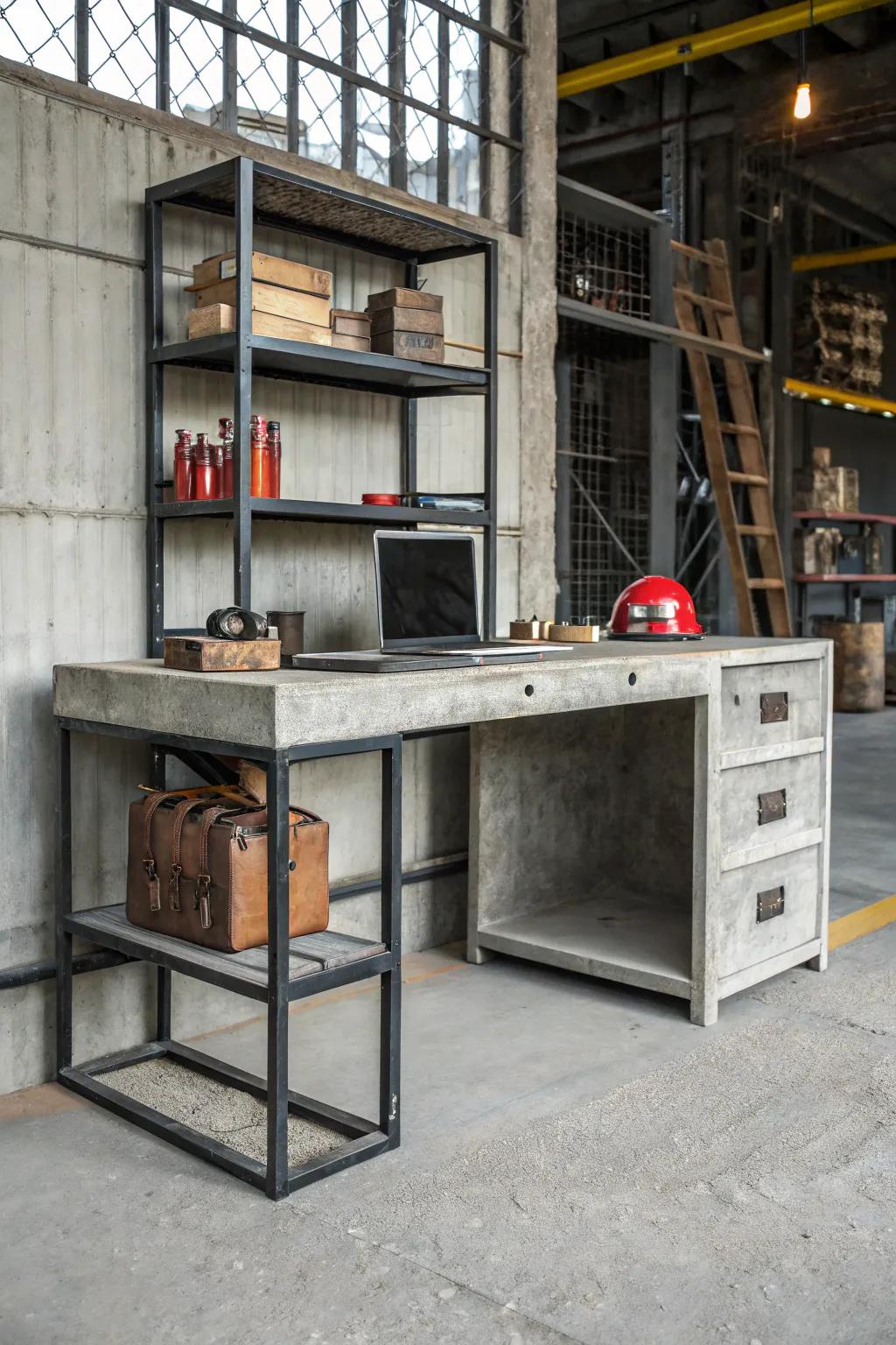 Concrete and steel create a bold and durable industrial desk.