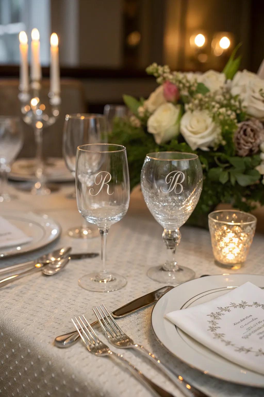 Sophisticated touch with etched initials on glassware.