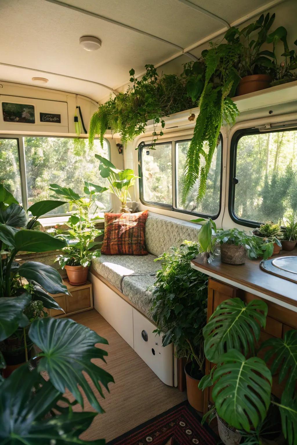 Natural elements like plants and light enhance the camper's ambiance.