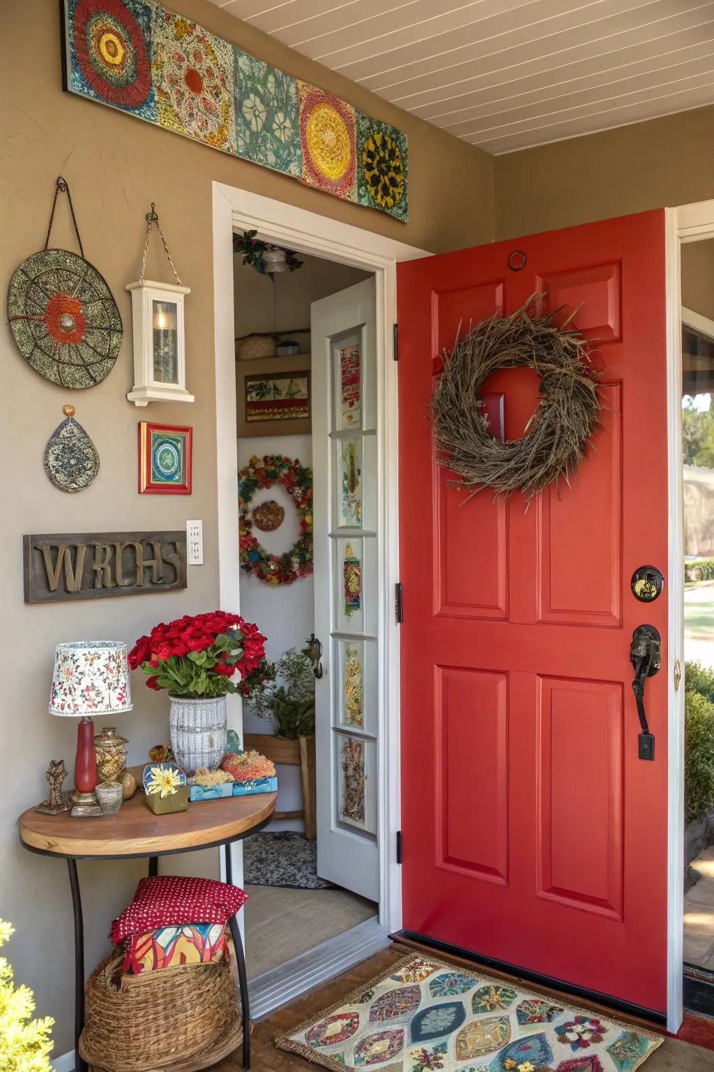 A bold red door making a vibrant statement in the entryway.