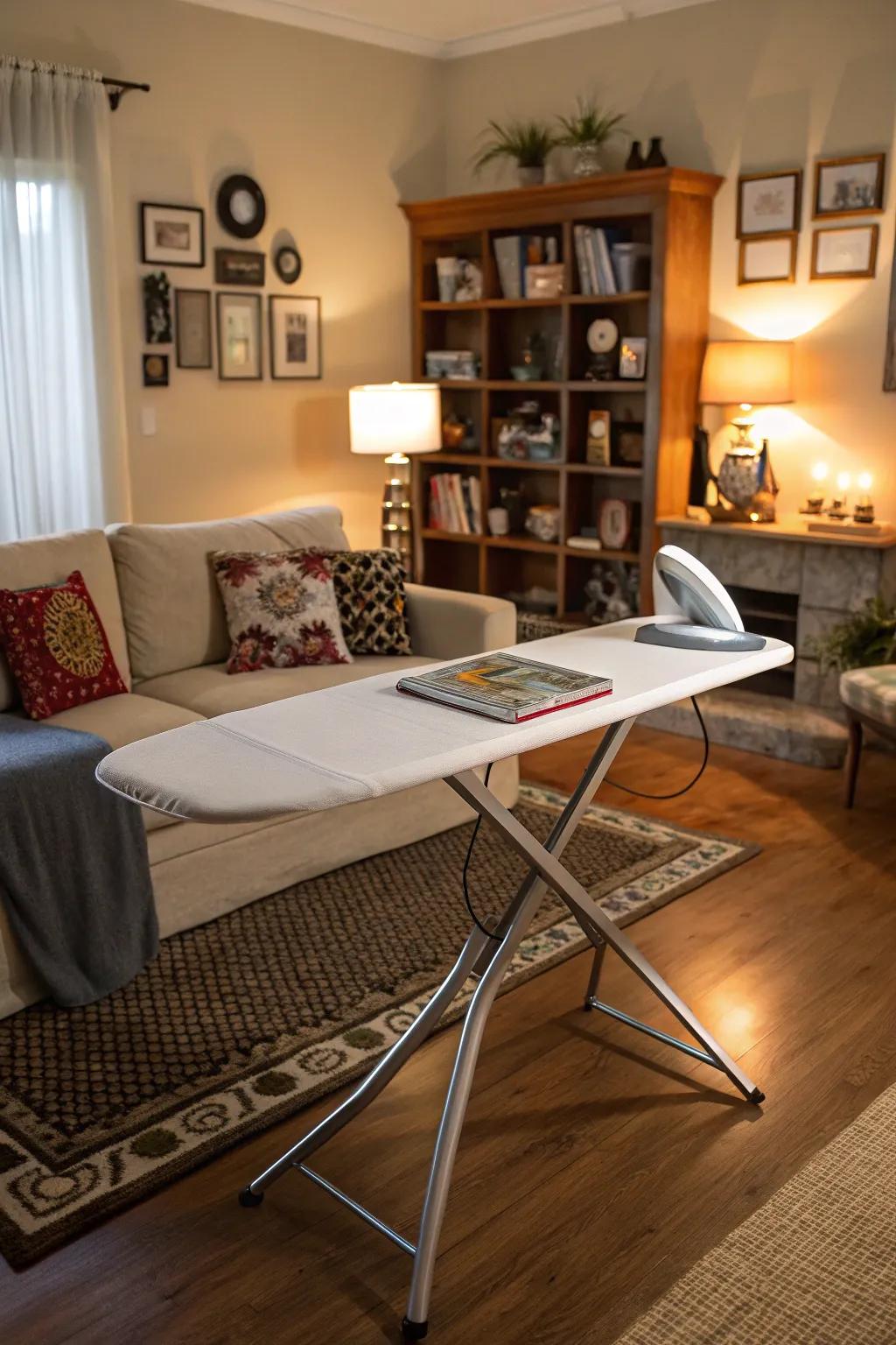 A convertible ironing board table in a cozy living room.