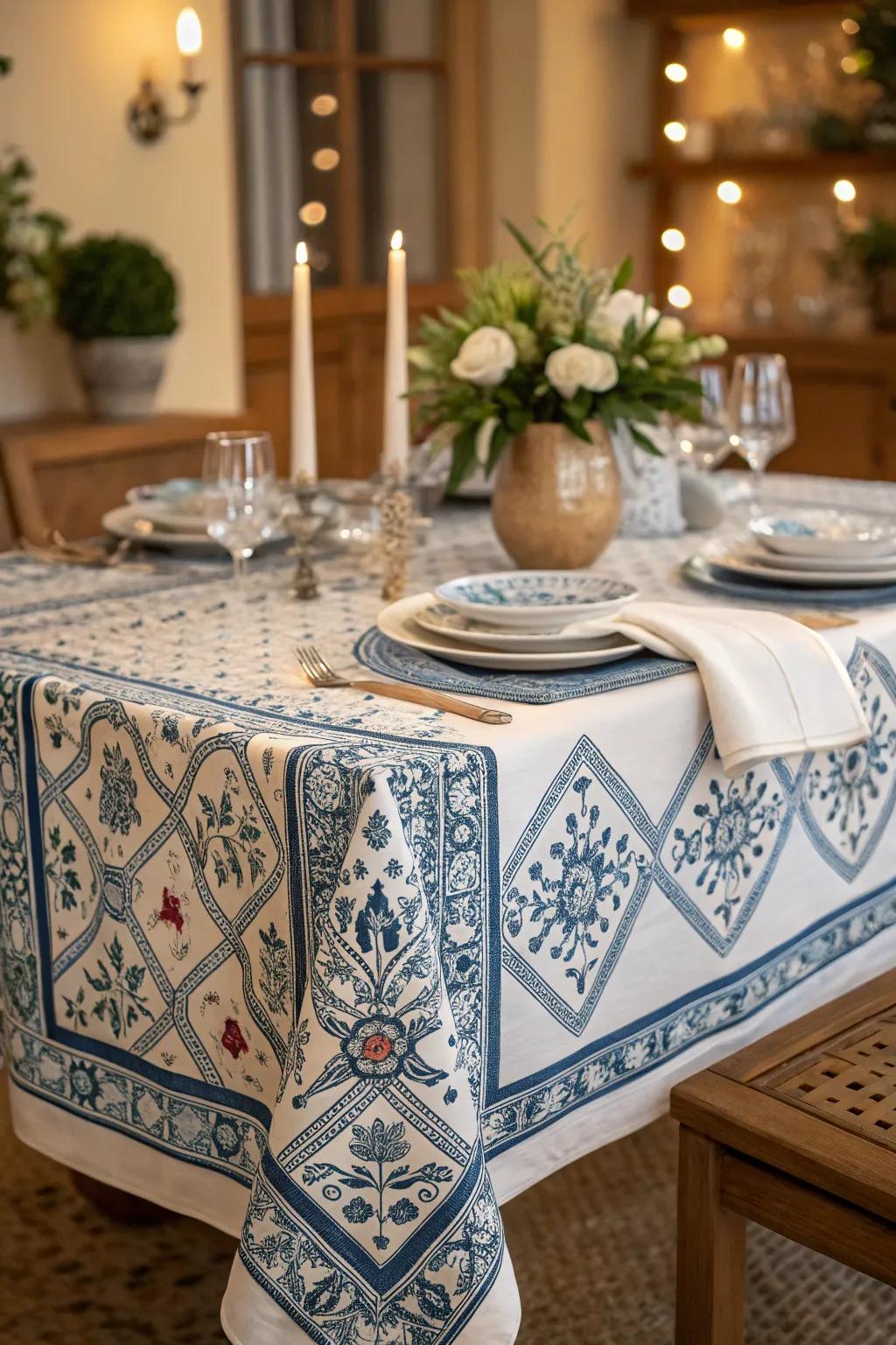 Patterned linens add Mediterranean flair.