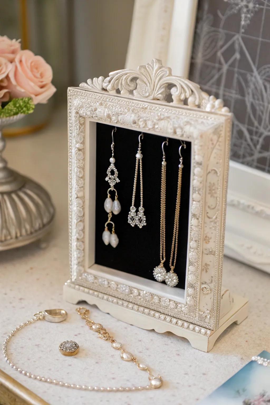 Artistic jewelry display using a picture frame