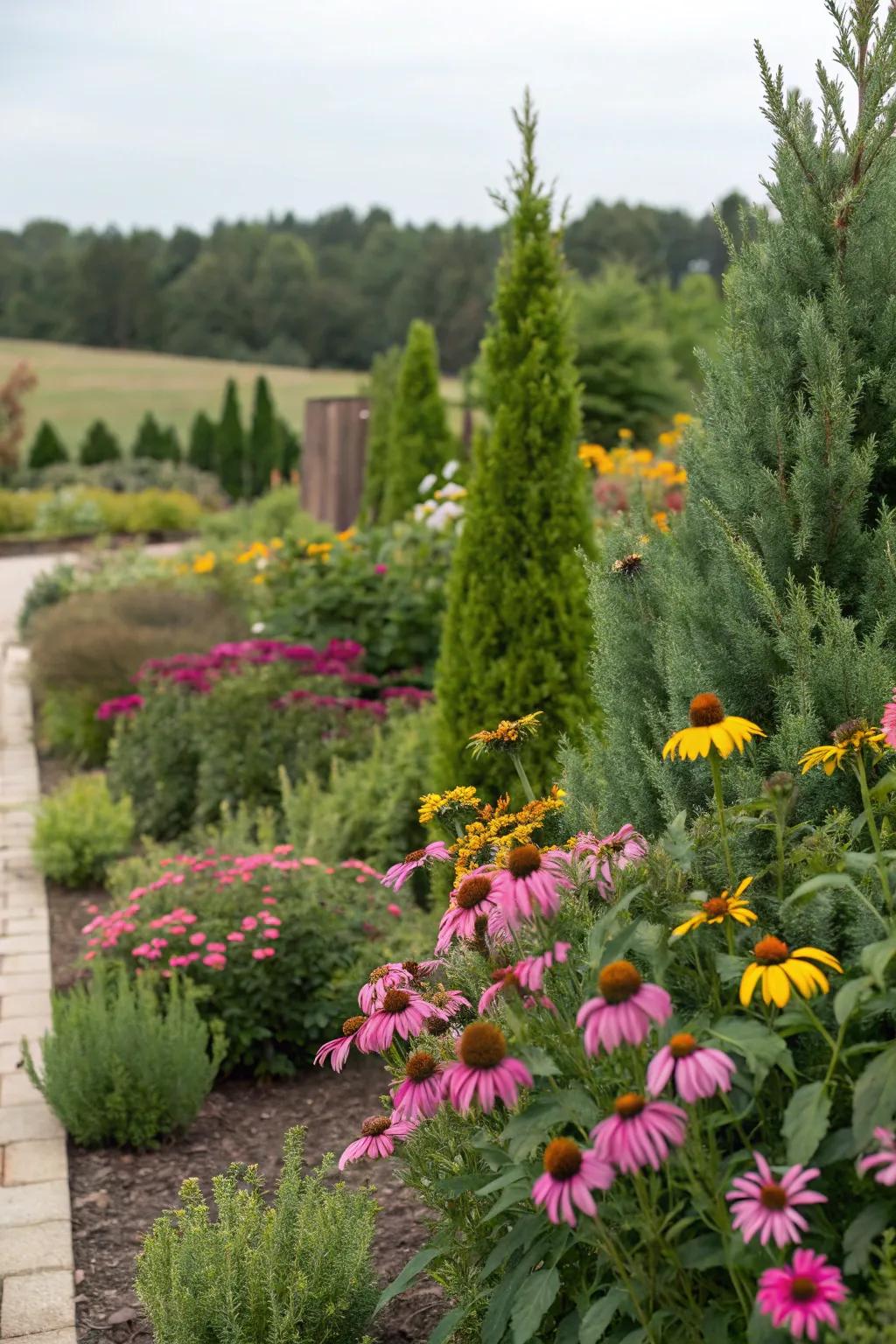 Colorful coneflowers paired with lush junipers