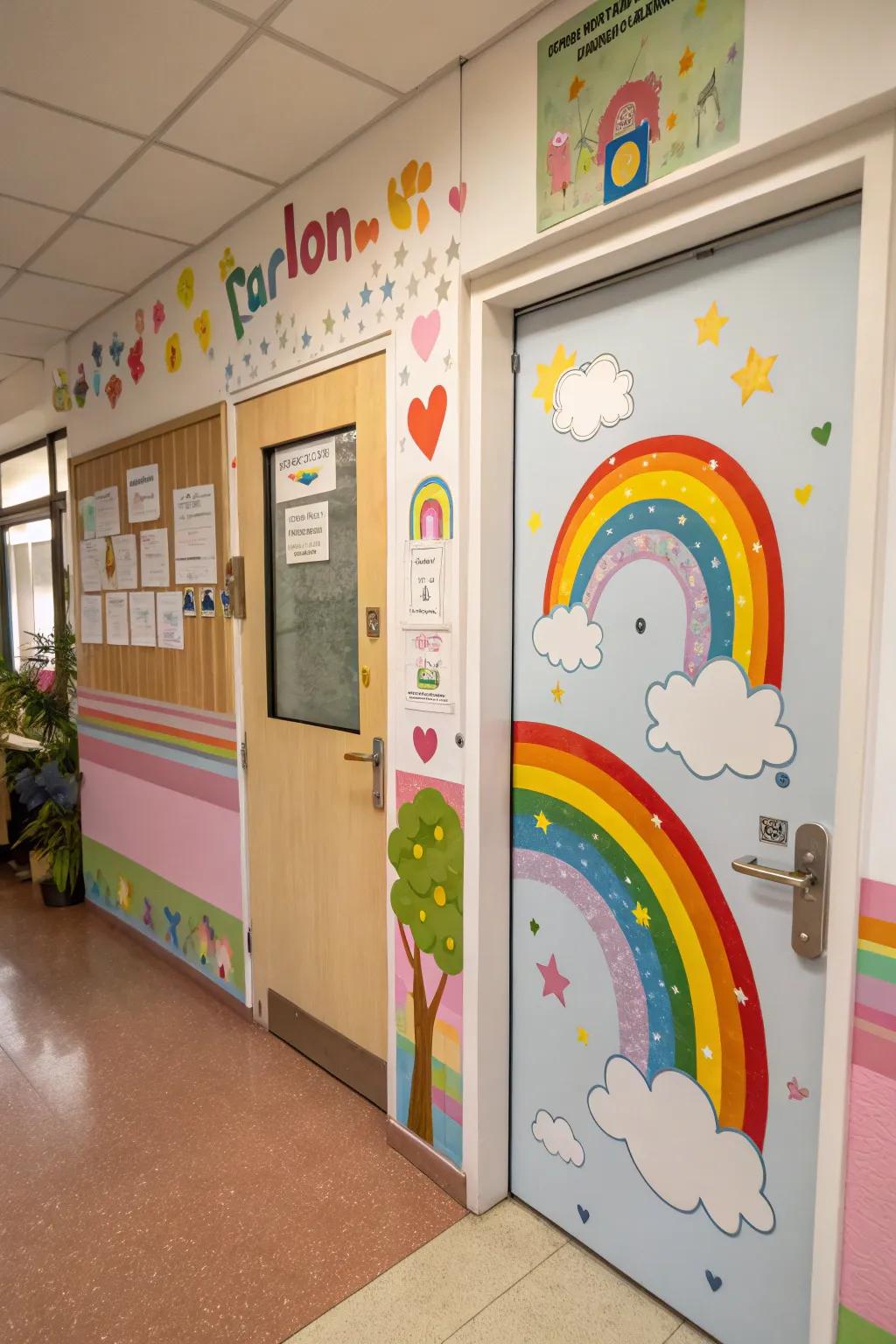 A kindergarten door featuring clouds and rainbows for an imaginative theme.