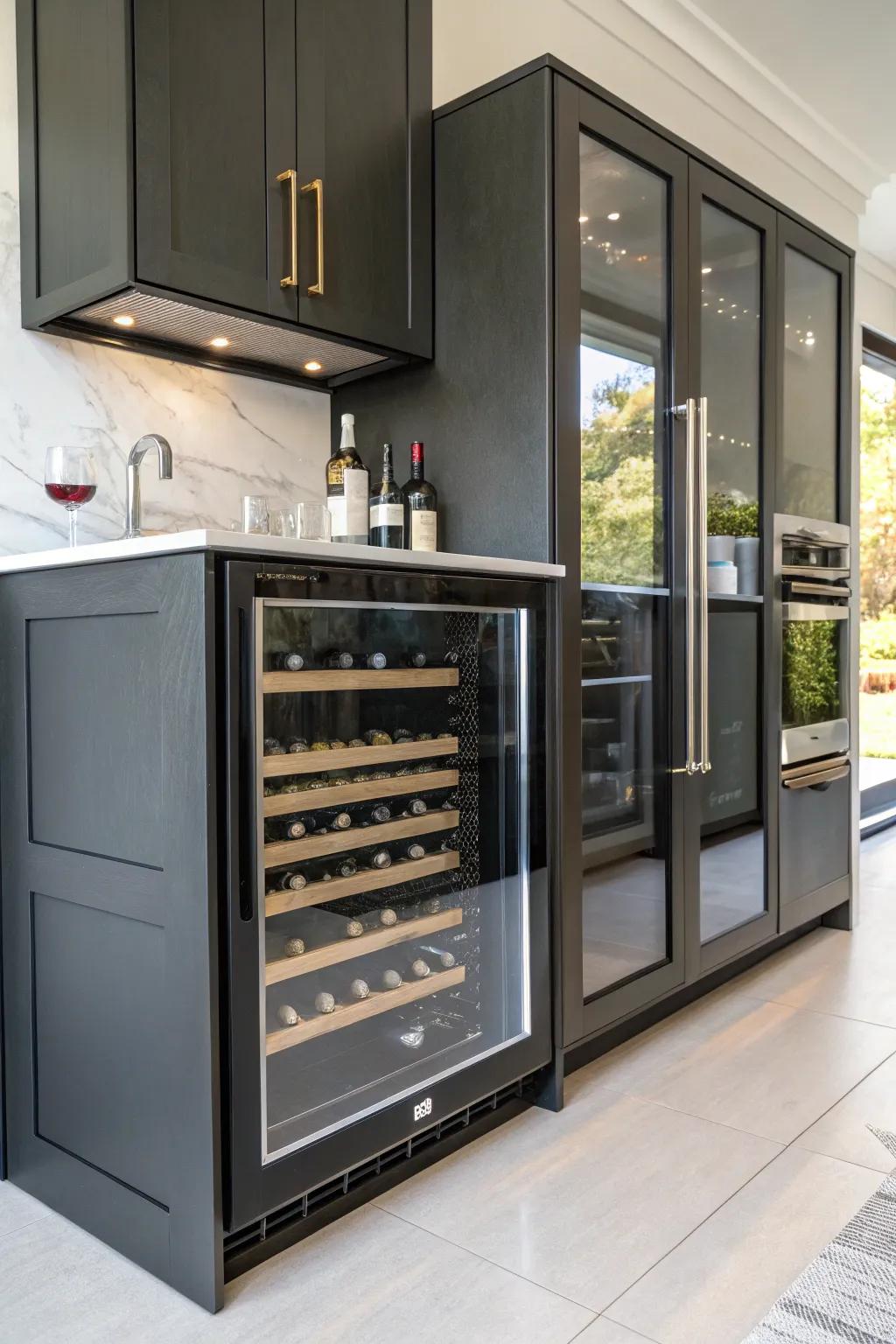 A wine cooler seamlessly integrated into a bar cabinet.