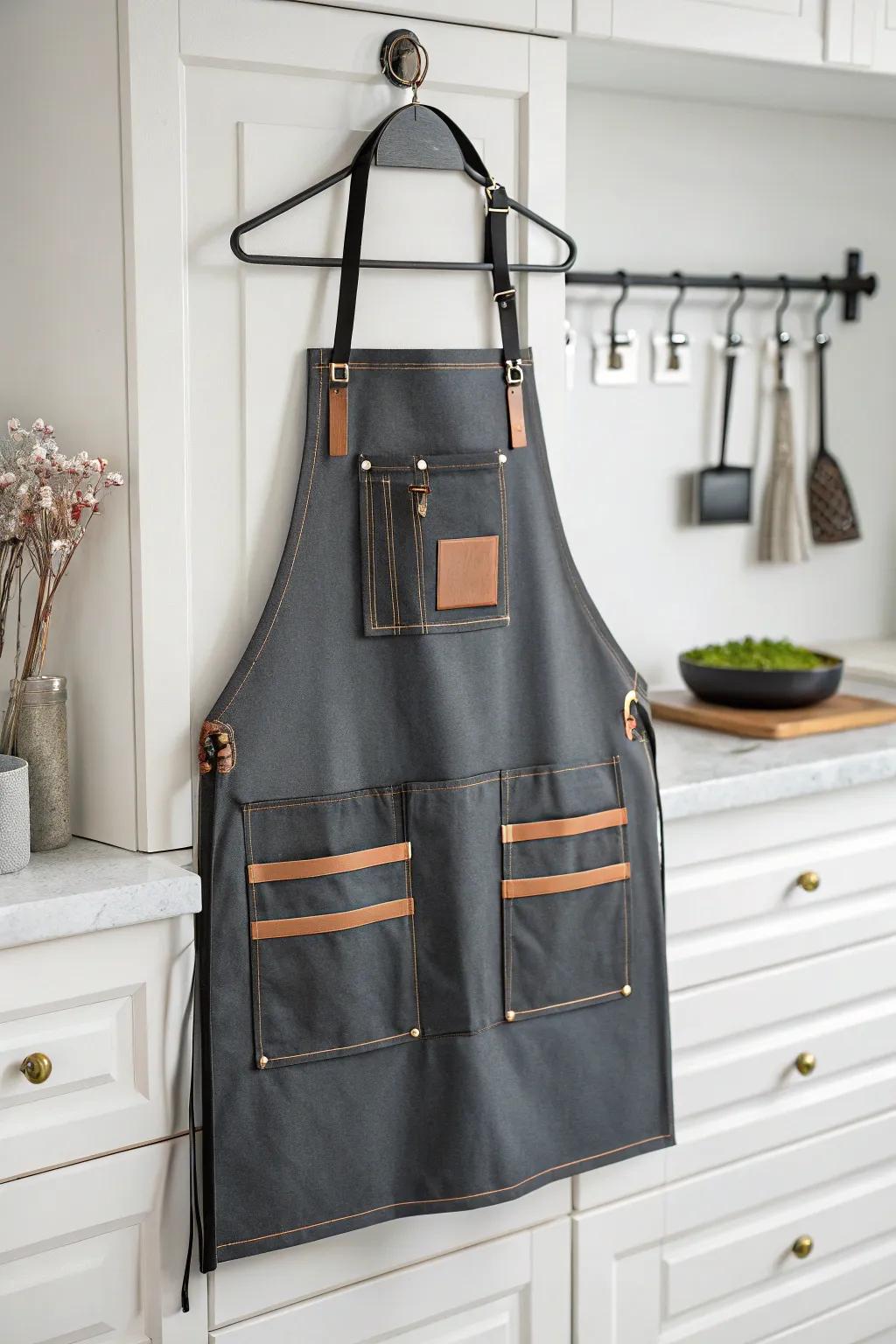 A chic apron keeps you stylish and organized in the kitchen.