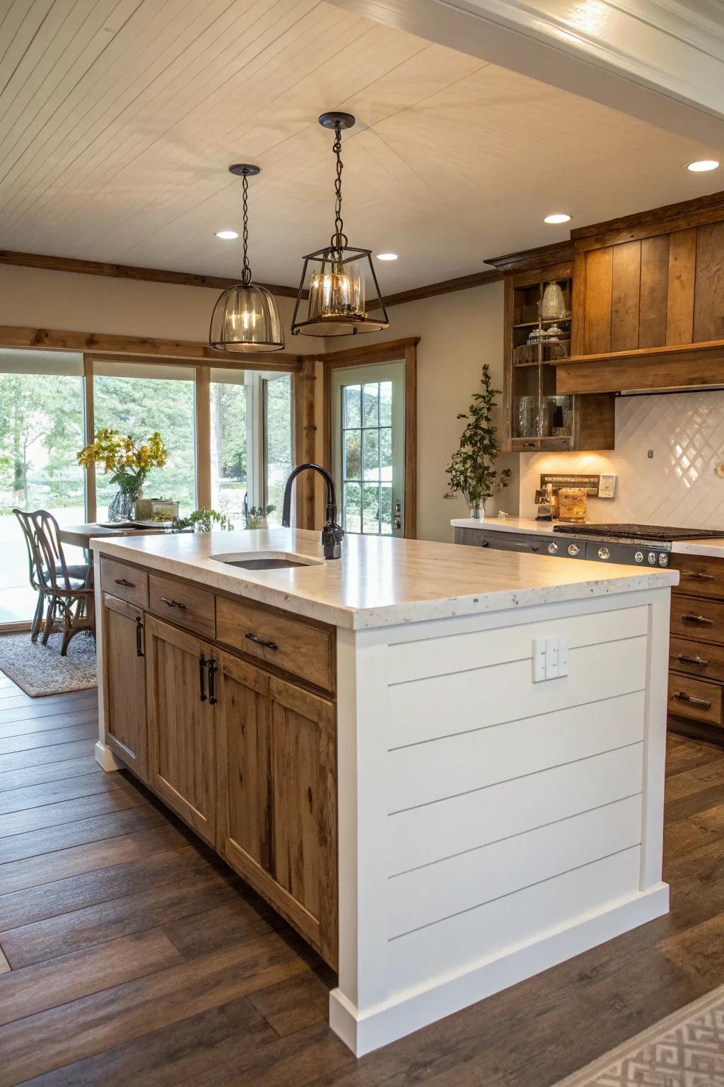 Classic white shiplap brings a farmhouse charm to this kitchen island, exuding warmth and comfort.