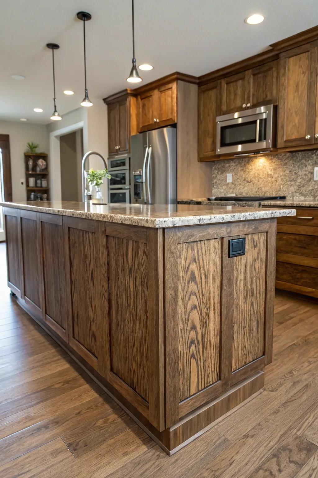 Textured wood finishes add depth and character to your kitchen island.