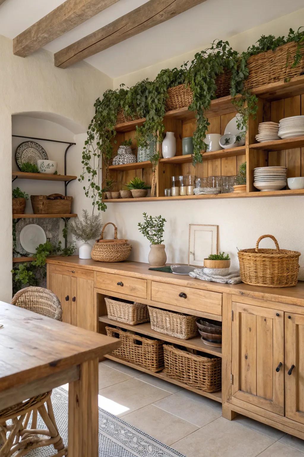 A kitchen with natural wood and wicker elements, creating warmth and texture.