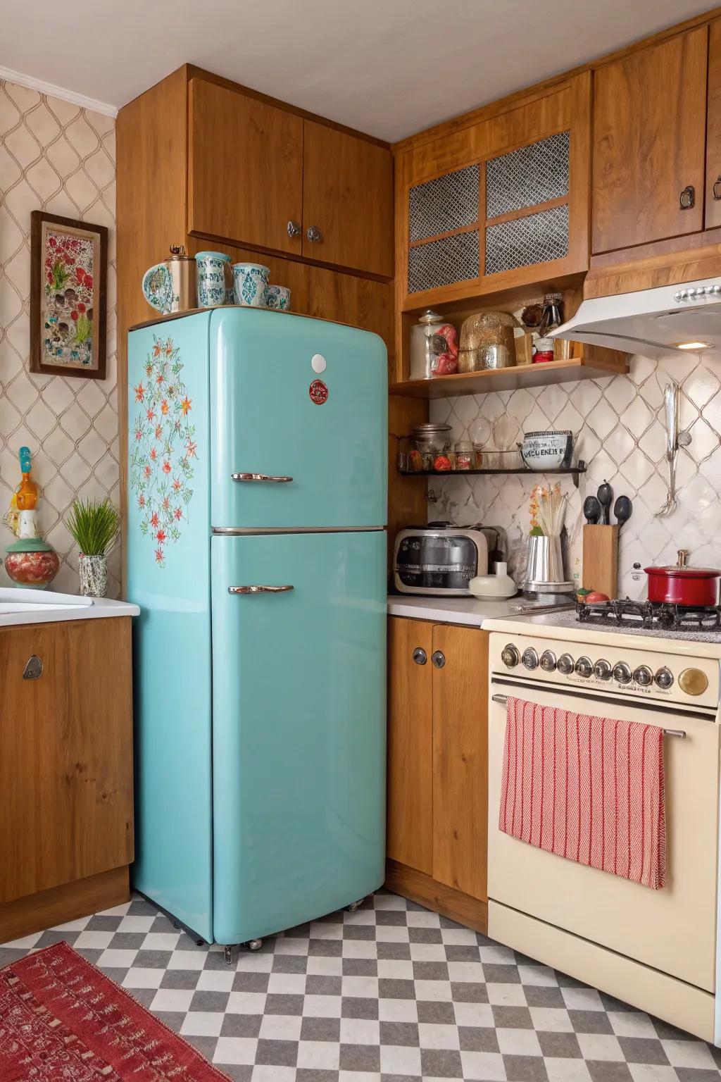 A retro-style fridge that adds a pop of color and charm to the kitchen.