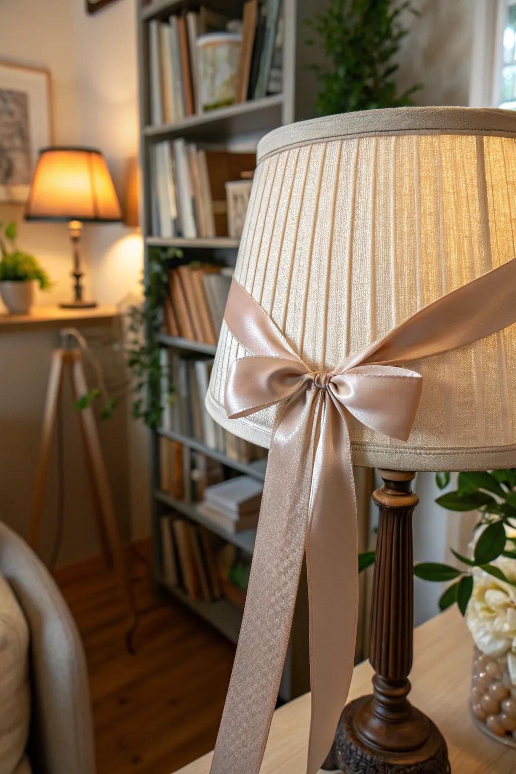 Achieve a chic look with a ribbon-wrapped lampshade.