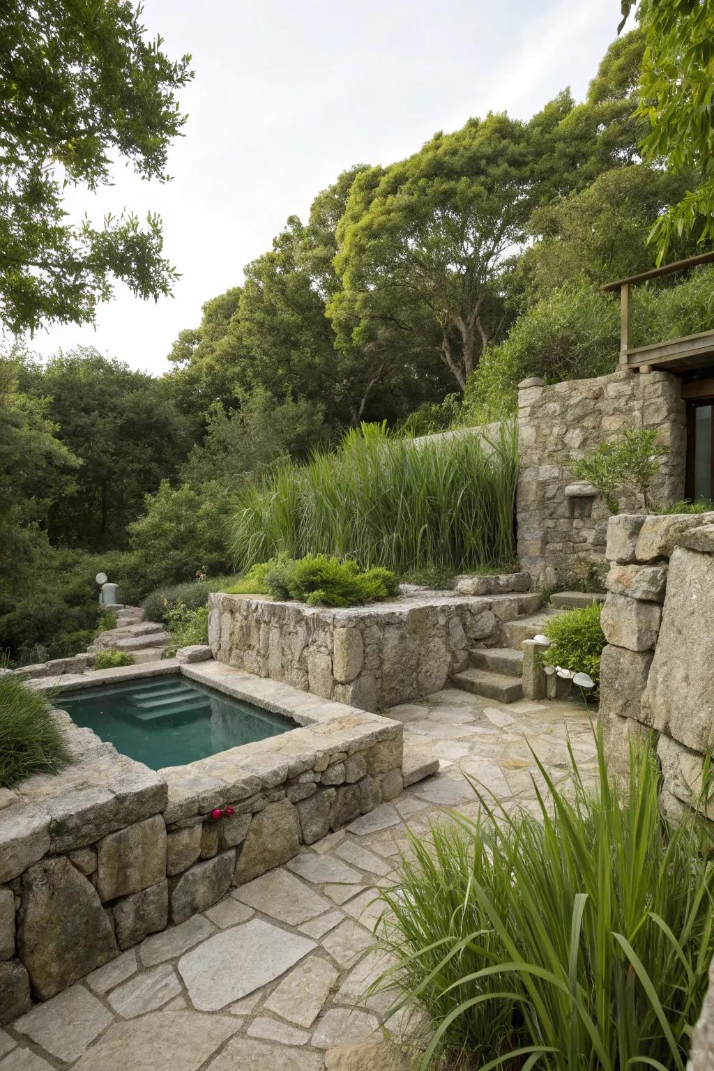 Rock and stone features provide a natural, sturdy solution to hide pool equipment.