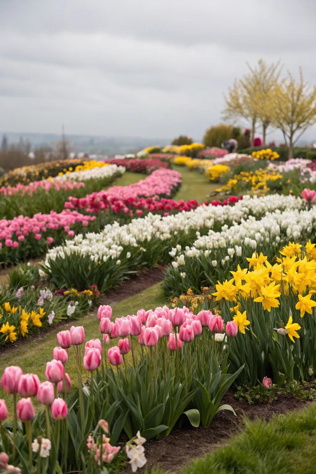 Layered flower beds with a mix of tulips, daffodils, and other spring flowers.