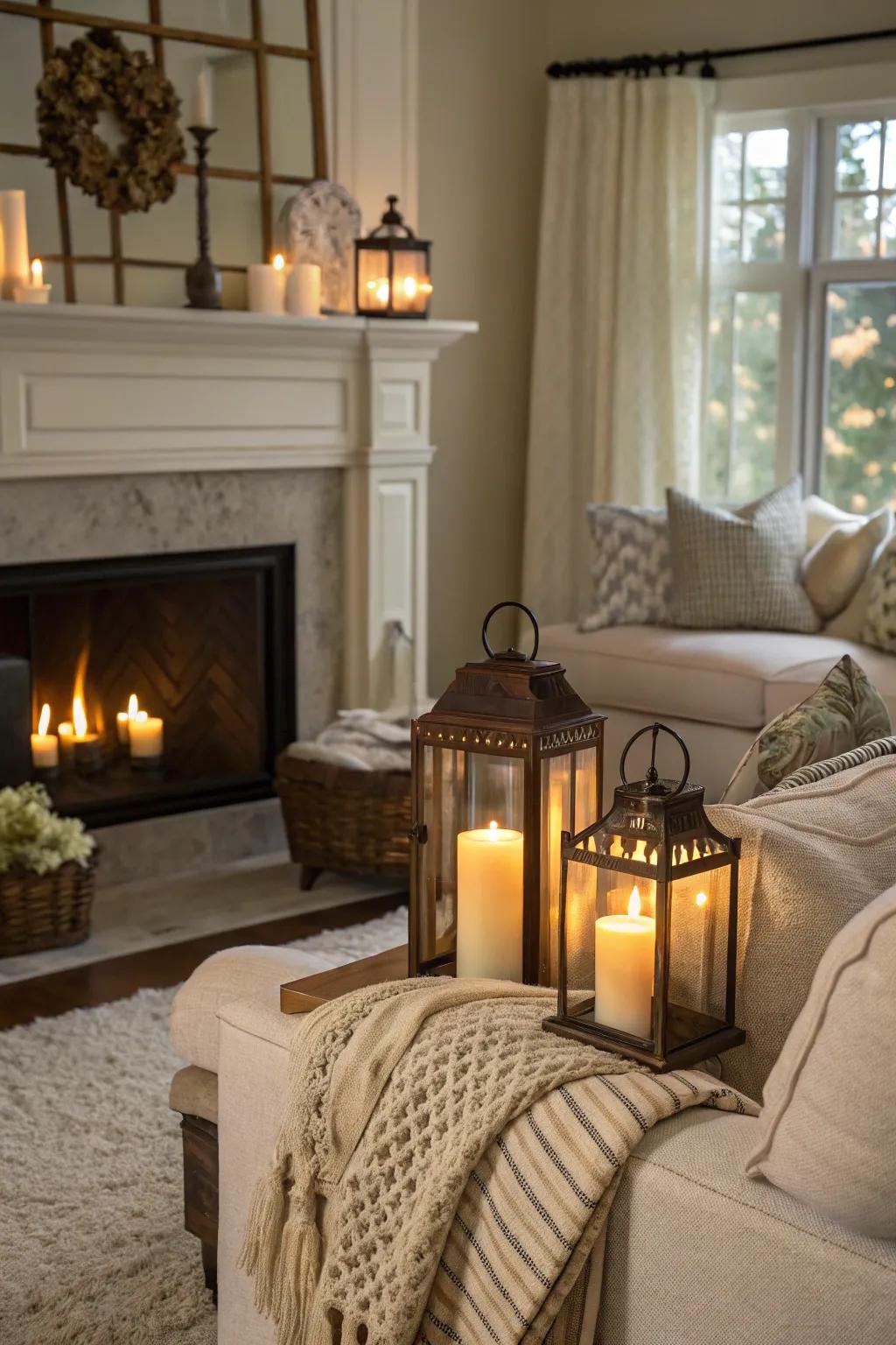 Candle lanterns add vintage charm to a cozy living room.