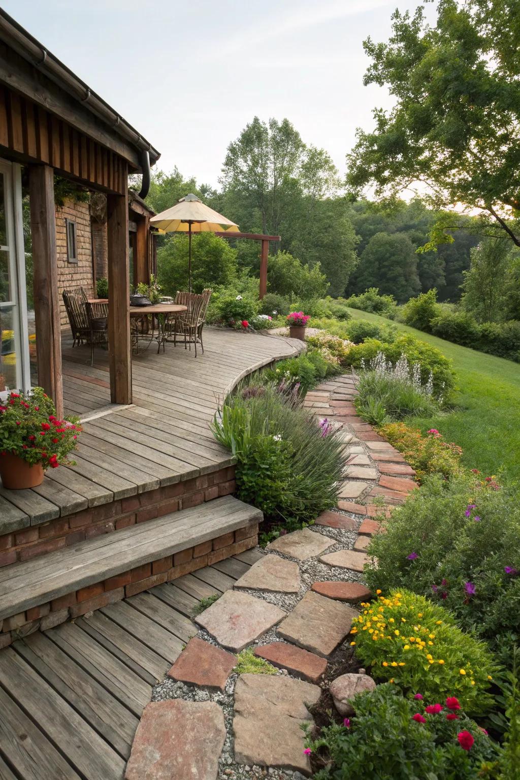 Brick skirting adds a touch of rustic charm to this garden deck.